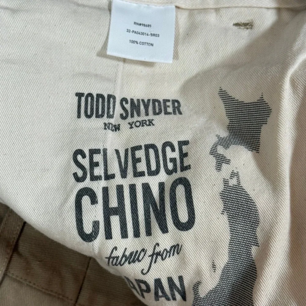Todd Snyder Mens Selvedge Chino Pants Khaki Tan 100% Japanese Cotton 36x32
